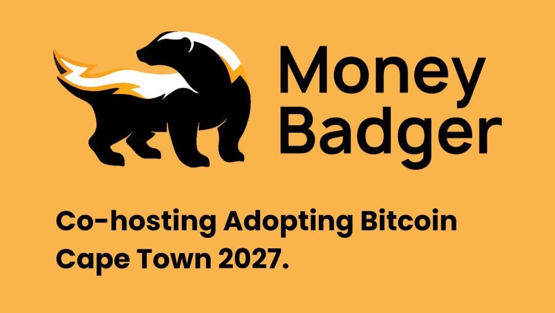 MoneyBadger’s black honey badger logo and wordmark on an orange background, with the words “Co-hosting Adopting Bitcoin Cape Town 2027.